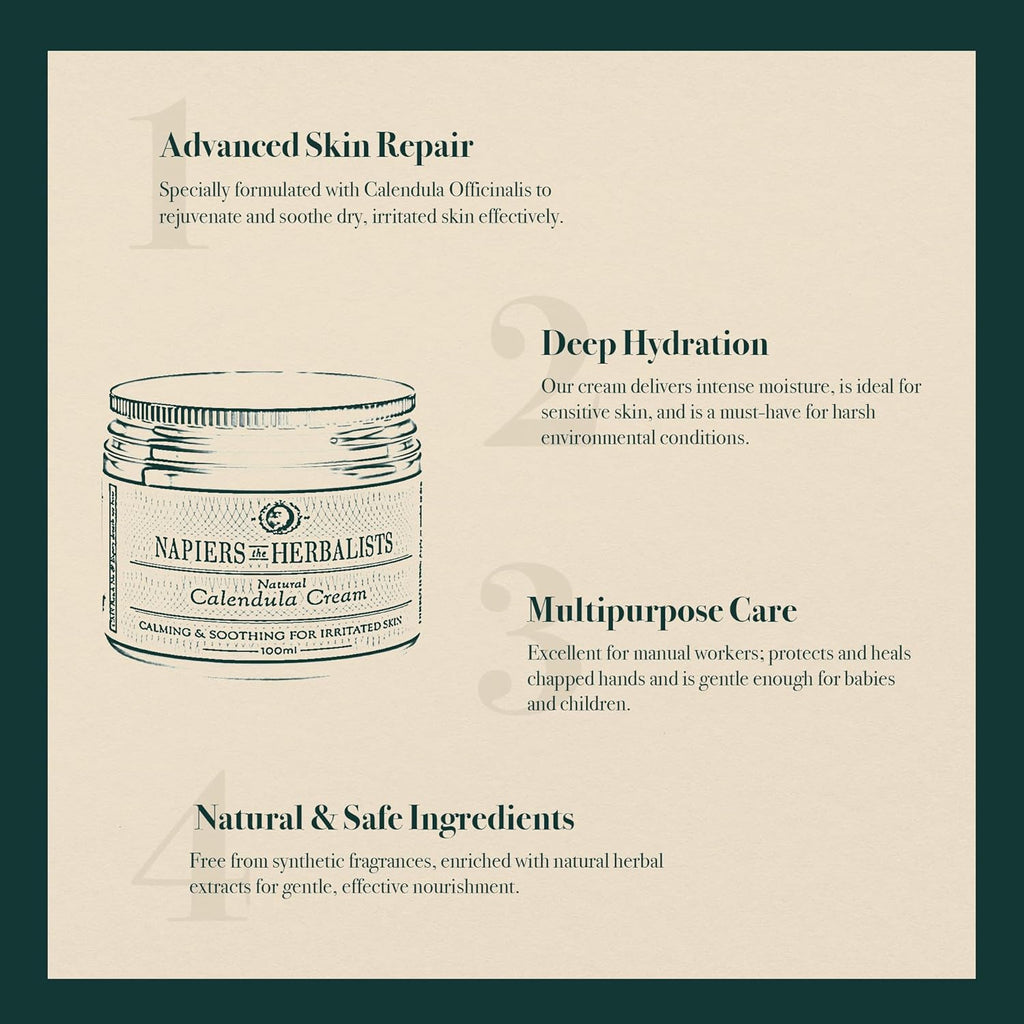 Calendula Flower Skin Cream - Natural & Gentle Moisturiser for Face and Body - Soothes Dry, Irritated Skin - 100Ml