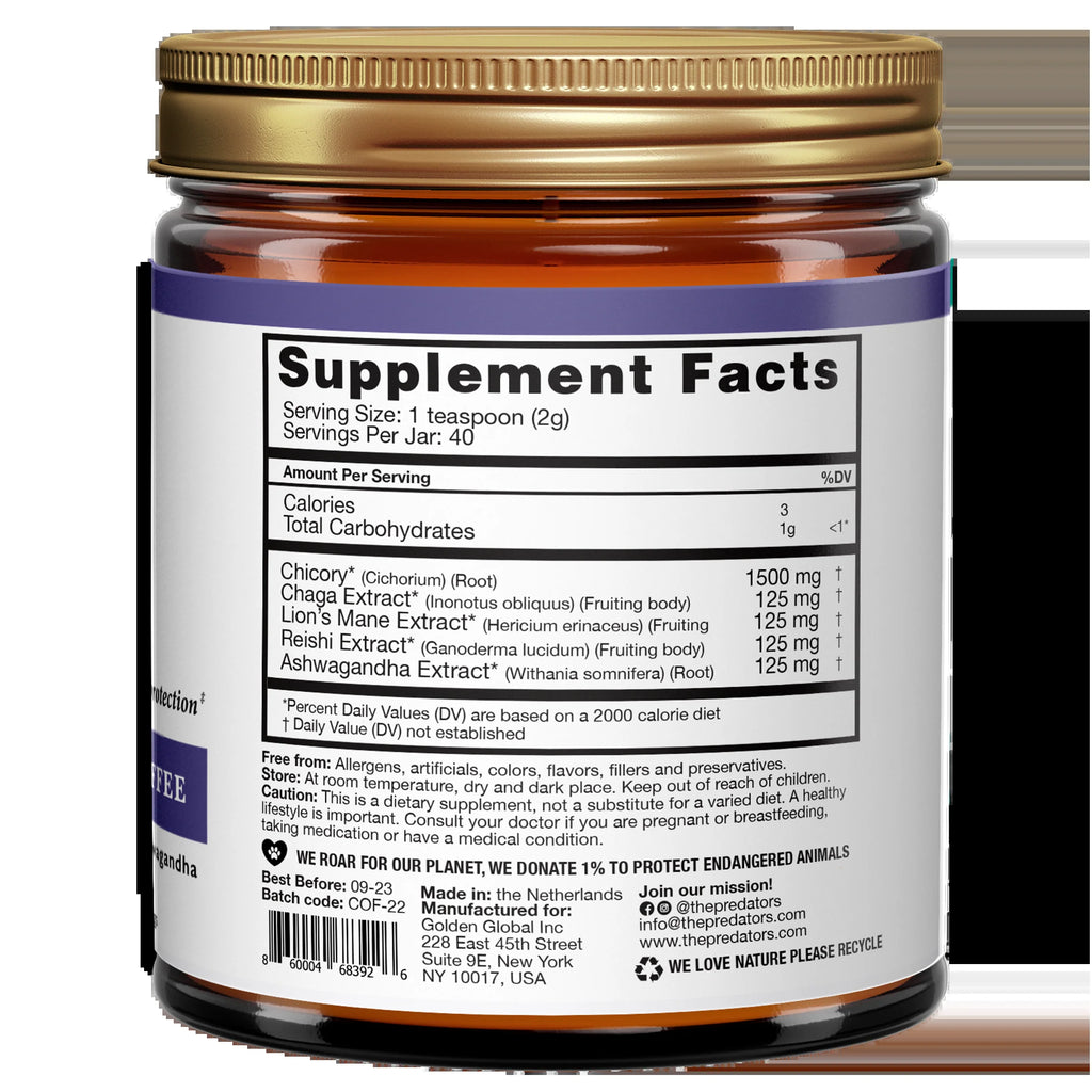Ground Adaptogen Coffee - Mushrooms and Adaptogens - Chicorei Root, Reishi, Lions Mane, Chaga, Ashwagandha - Free of Caffeine